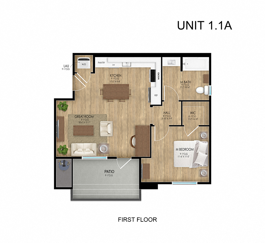 Floor plan for 1 bed, 1 bath, 710 sqft